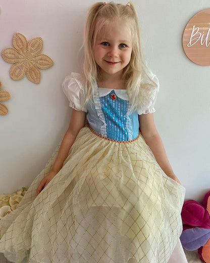 Vestido infantil de princesa amarillo y azul