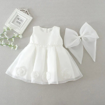 Vestido Blanco para Niña con Lazo y Detalles Florales