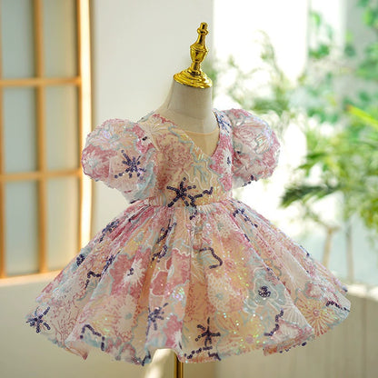 Vestido Infantil de Fiesta Floral con Lazo