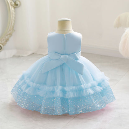 Vestido de Fiesta Infantil de Tul Brillante y Lazo