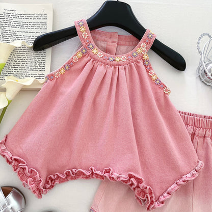 Conjunto vaquera para niña con estampado floral