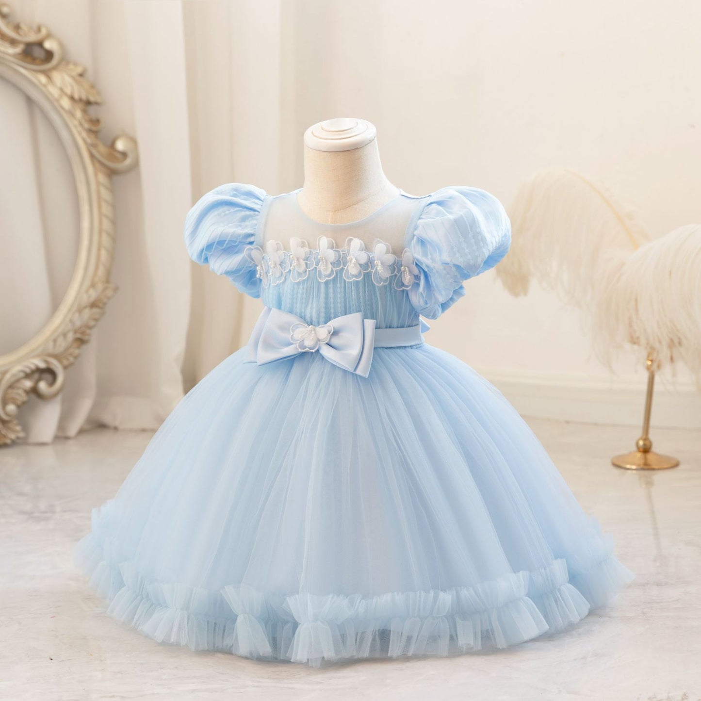 Vestido de Fiesta Infantil con Manga Abullonada y Lazo