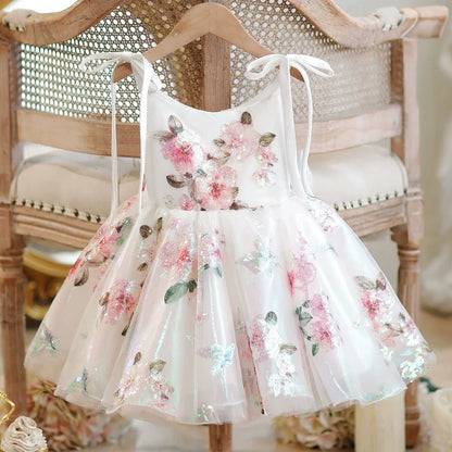 Vestido Infantil de Fiesta con Flores y Tirantes con Lazo