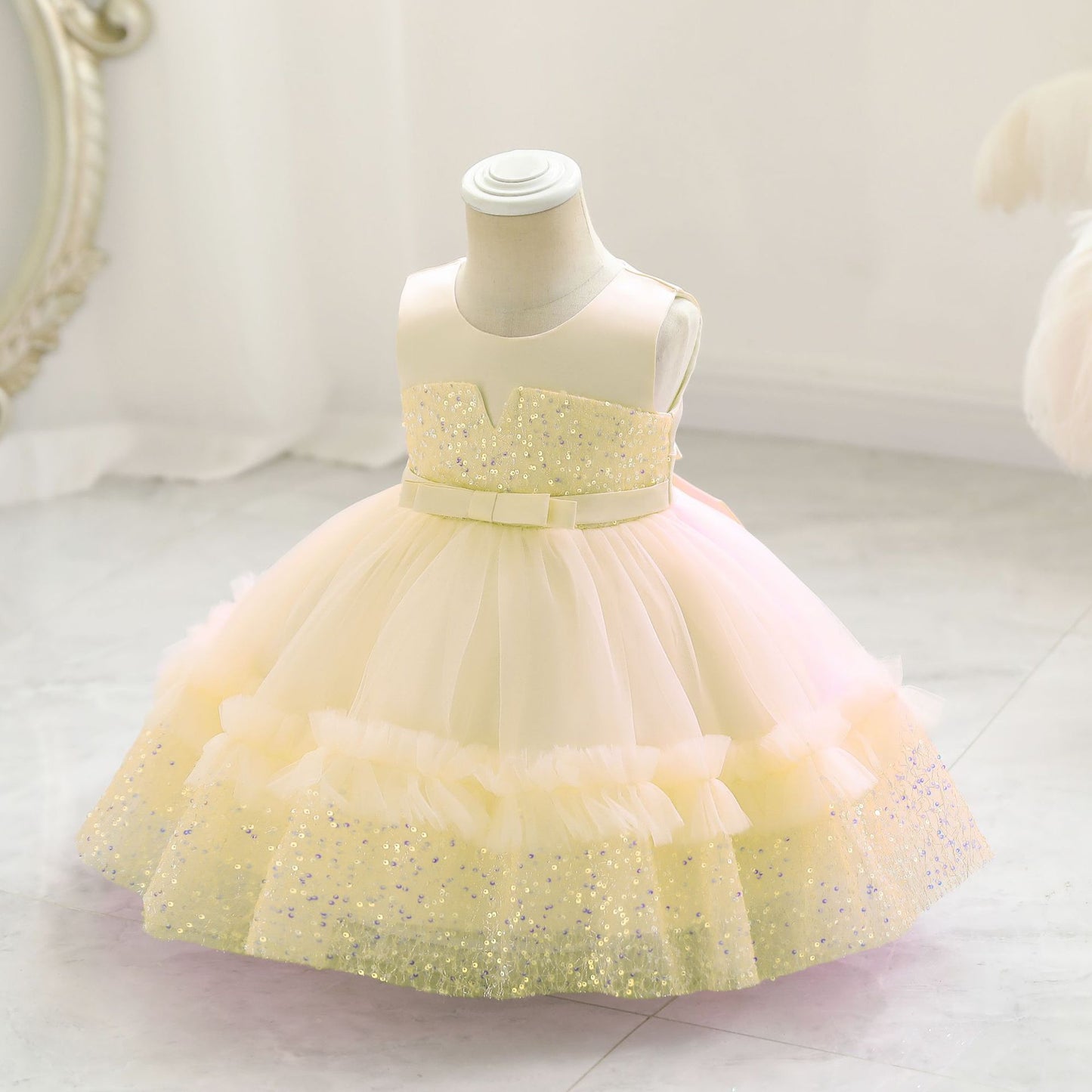 Vestido de Fiesta Infantil de Tul Brillante y Lazo