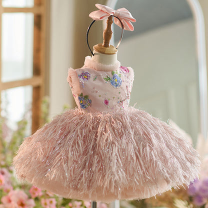 Vestido de Festa Infantil Floral de Plumas