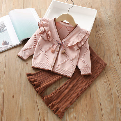 Conjunto de pantalón y pompones de punto para mujer y niño