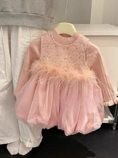 Conjunto Infantil Vestido Plumas + Blusa Perla