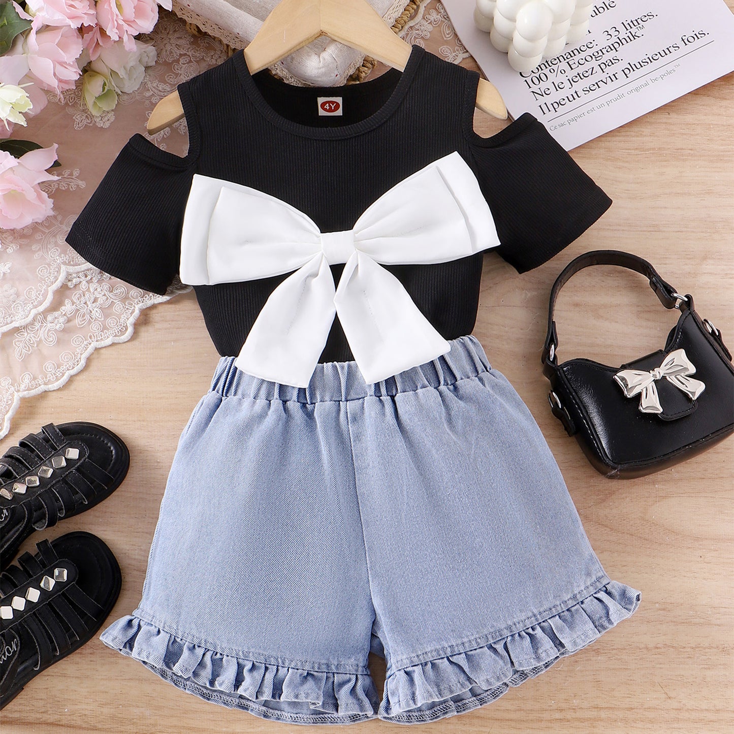 Conjunto Infantil de Lazo y Jeans para Mujer