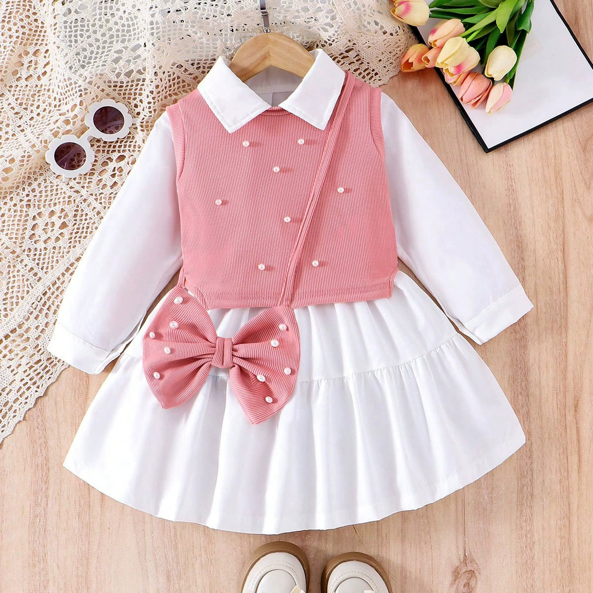 Conjunto de niña vestido + chaleco de perlas