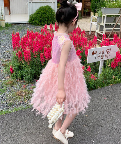 Vestido Infantil de Plumas Brillantes