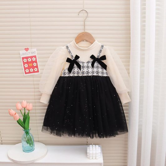 Vestido infantil de tweed con lazos y tul