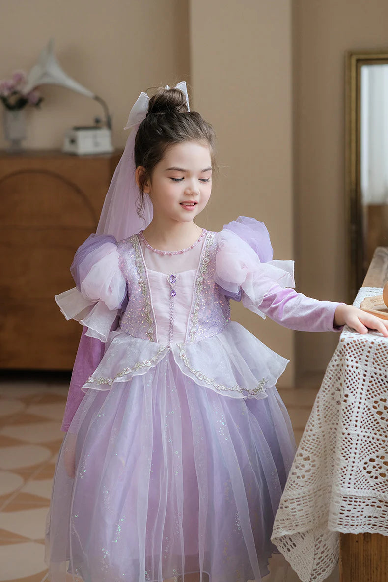 Vestido Infantil Princesa de Manga Larga Brillante