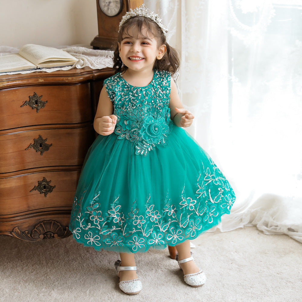 Vestido de Fiesta Infantil Tul Brillante y Flores