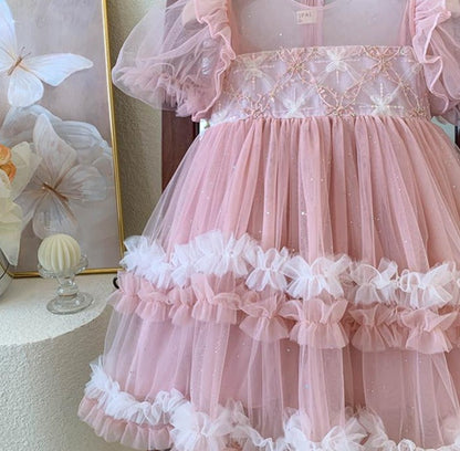 Vestido infantil de tul escalonado brillante