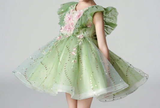 Vestido Infantil Flores Verdes