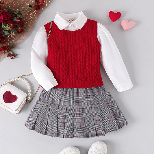 Conjunto de 3 piezas para niña con chaleco y cuadros