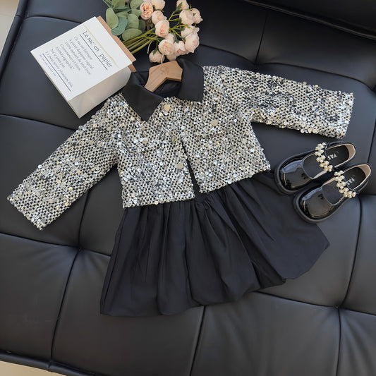 Conjunto de Niña Vestido Con Purpurina + Abrigo Con Lentejuelas