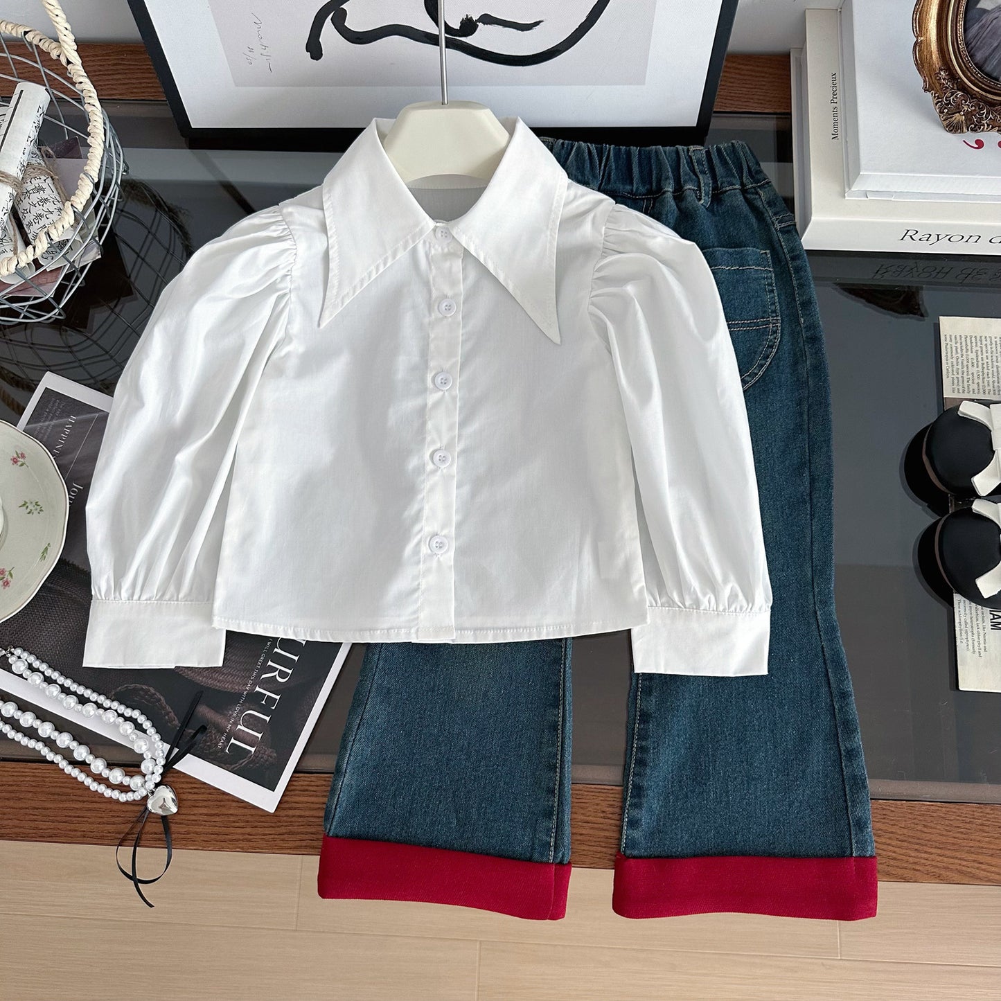 Conjunto Infantil Feminino de 3 Peças com Laços e Jeans