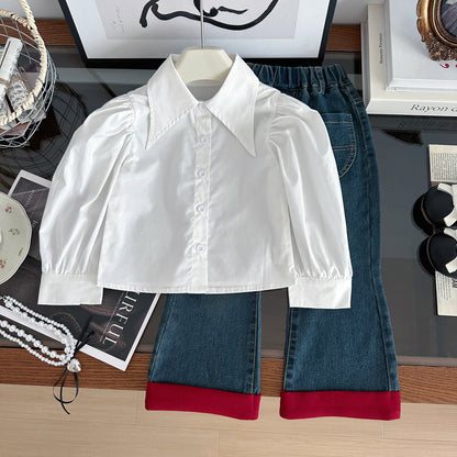 Conjunto Infantil Feminino de 3 Peças com Laços e Jeans