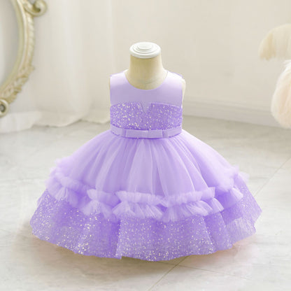 Vestido de Fiesta Infantil de Tul Brillante y Lazo