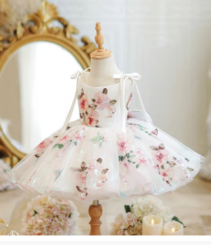 Vestido Infantil de Fiesta con Flores y Tirantes con Lazo
