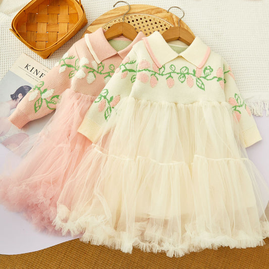 Vestido Infantil de Invierno con Hojas y Tul