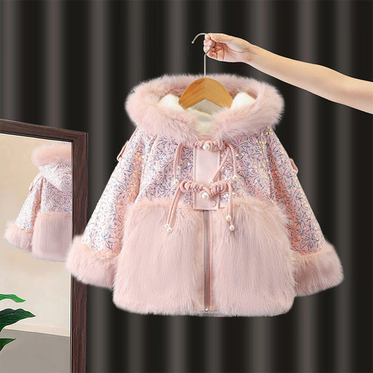 Chaqueta infantil de plumas brillantes para niña