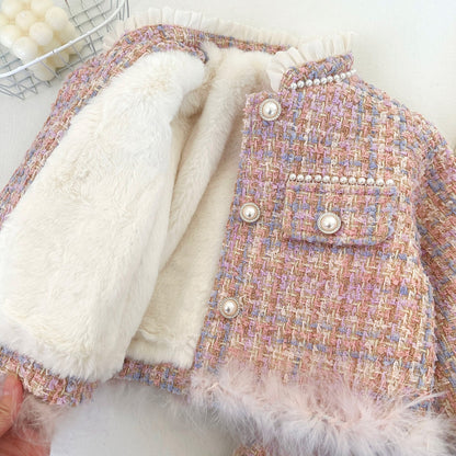 Conjunto infantil de invierno con tweed y perlas