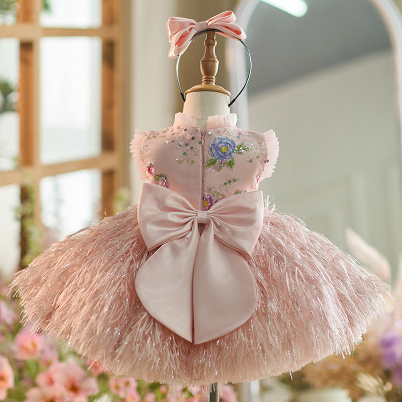 Vestido de Festa Infantil Floral de Plumas