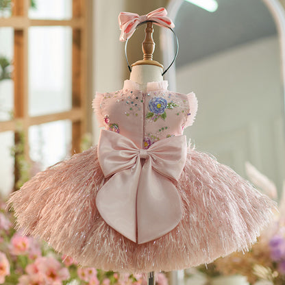 Vestido de Festa Infantil Floral de Plumas