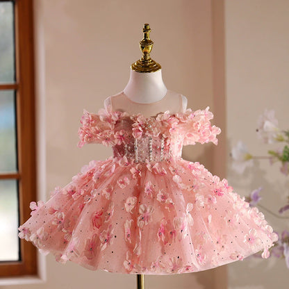Vestido Infantil de Fiesta Rosa con Flores
