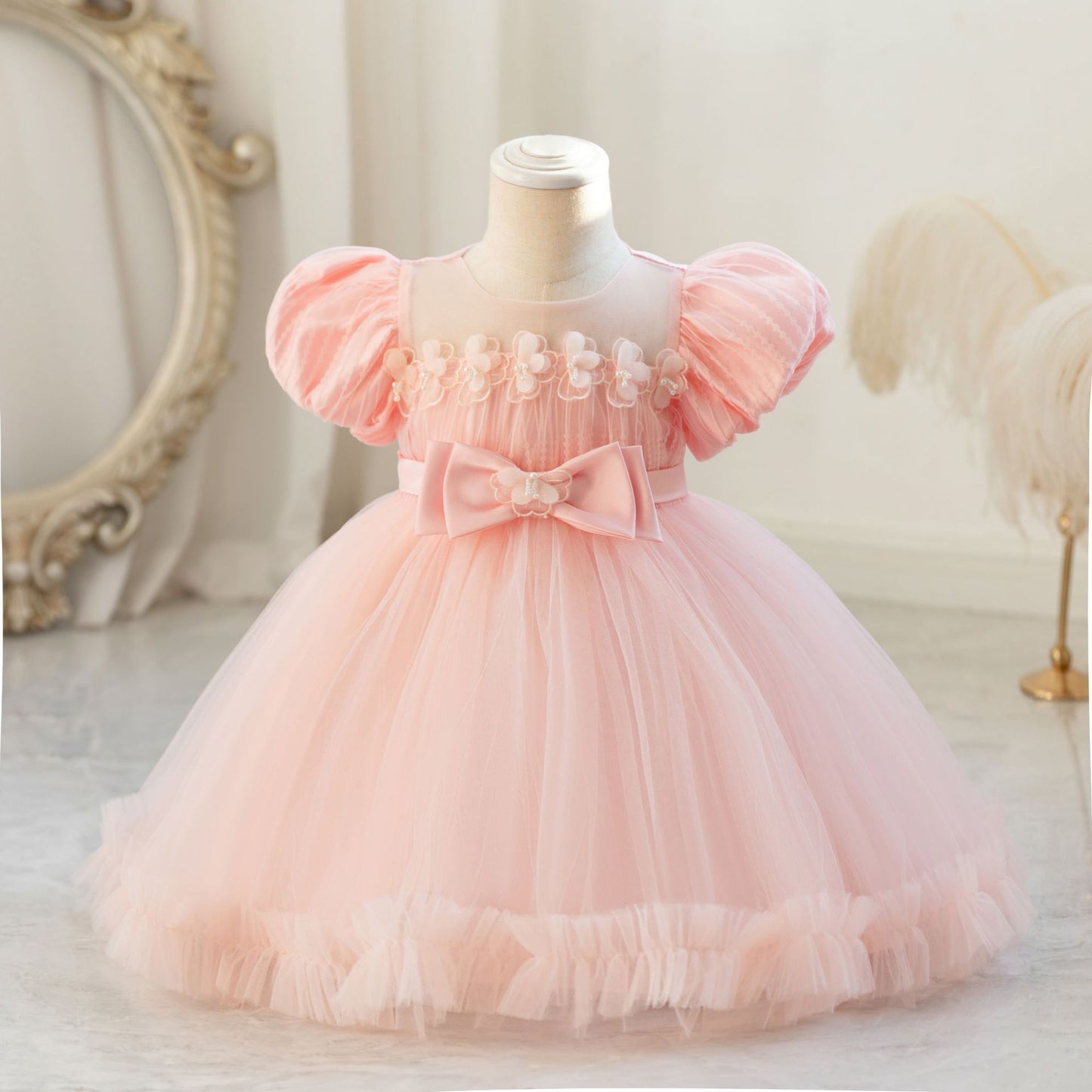 Vestido de Fiesta Infantil con Manga Abullonada y Lazo