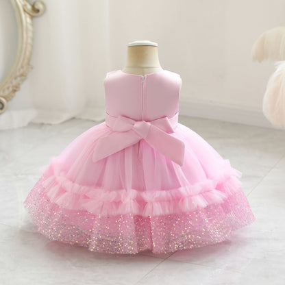 Vestido de Fiesta Infantil de Tul Brillante y Lazo