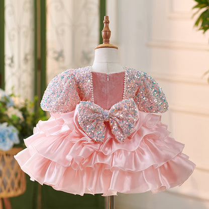 Vestido Infantil A Capas Rosa Brillante