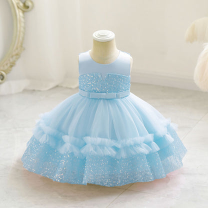 Vestido de Fiesta Infantil de Tul Brillante y Lazo