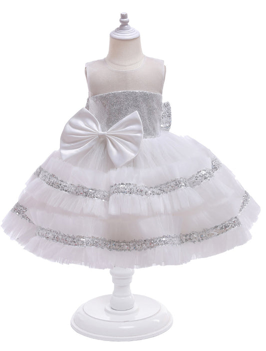 Vestido de Fiesta Infantil de Tul Brillante y Lazo