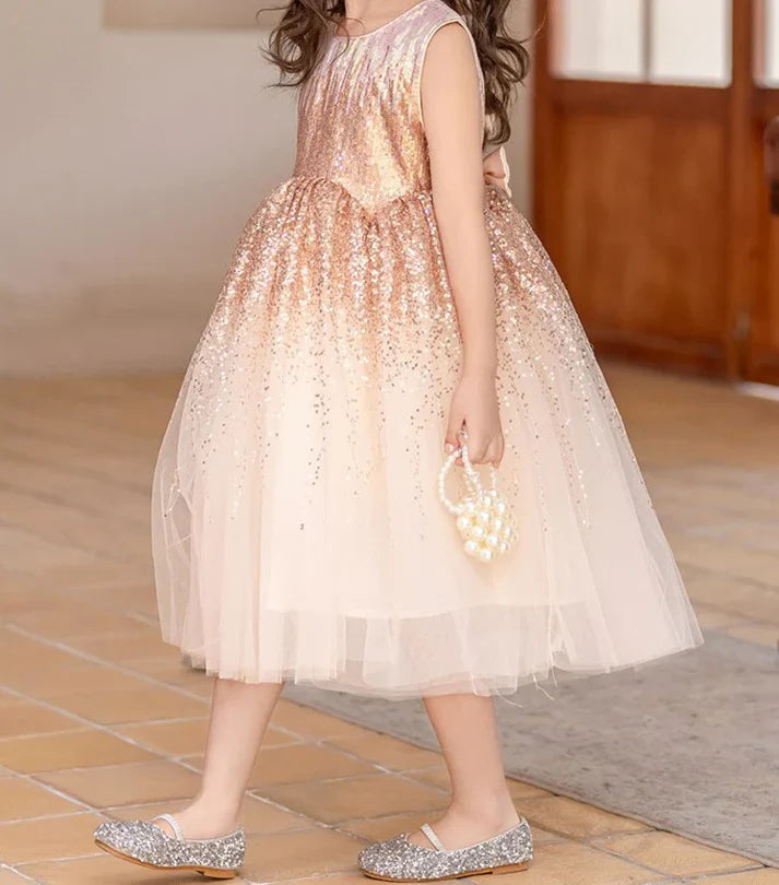Vestido Infantil de Princesa Brillante con Lazo