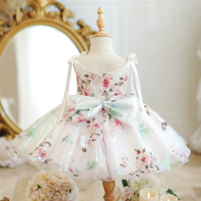 Vestido Infantil de Fiesta con Flores y Tirantes con Lazo