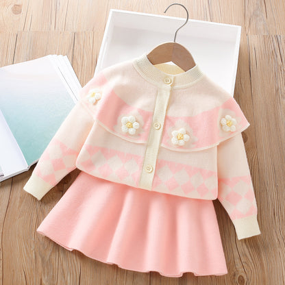 Conjunto de Punto para Niña con Cuello de Flores