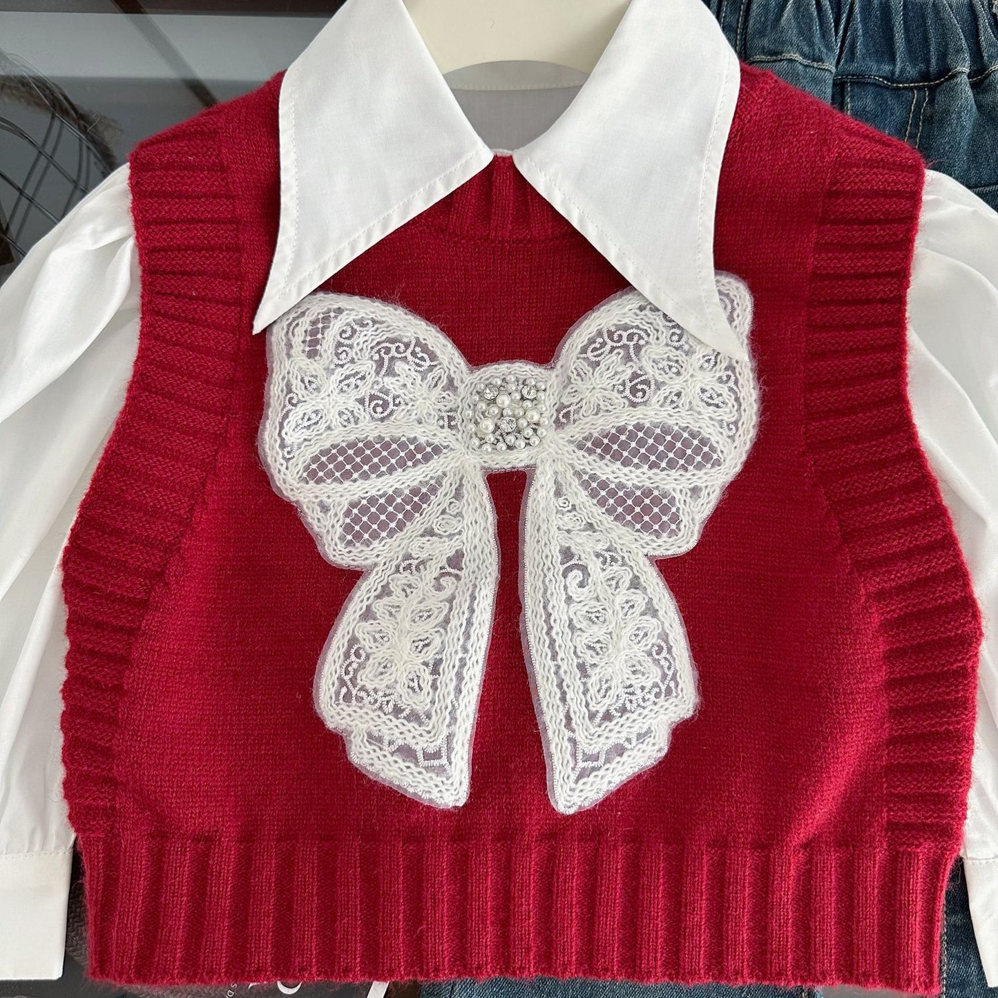 Conjunto Infantil Feminino de 3 Peças com Laços e Jeans