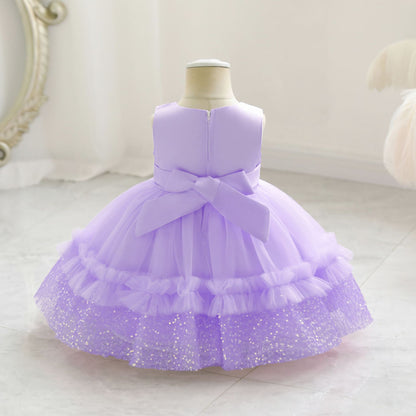 Vestido de Fiesta Infantil de Tul Brillante y Lazo