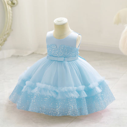Vestido de Fiesta Infantil de Tul Brillante y Lazo