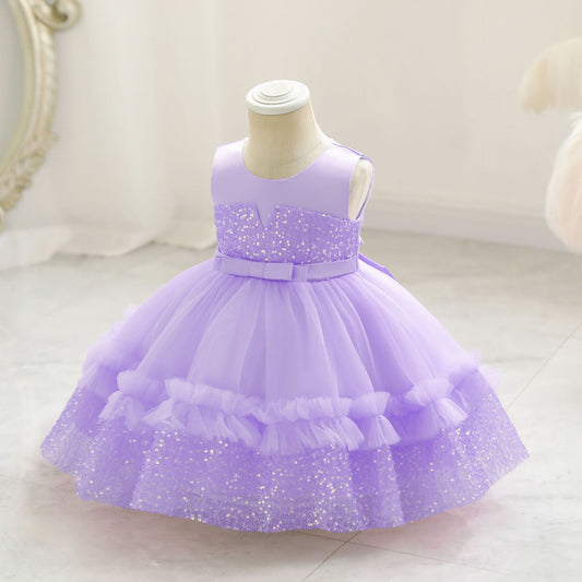 Vestido de Fiesta Infantil de Tul Brillante y Lazo