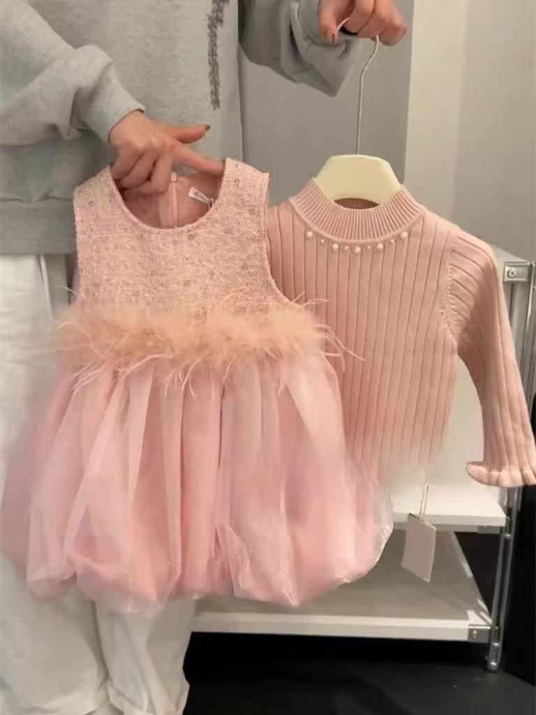 Conjunto Infantil Vestido Plumas + Blusa Perla