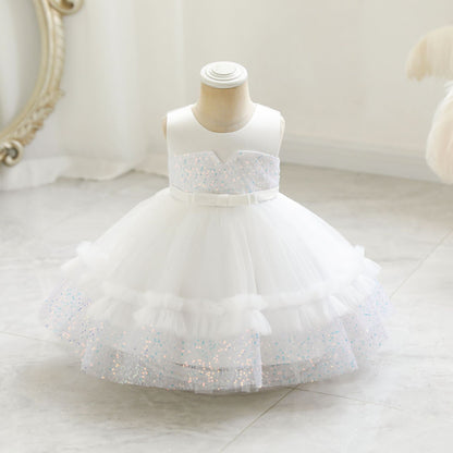 Vestido de Fiesta Infantil de Tul Brillante y Lazo