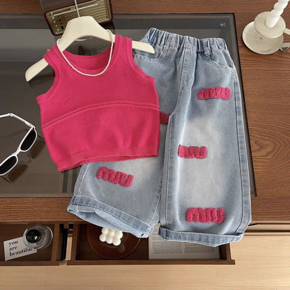Conjunto Infantil  Pantalón Ancho + Cropeed Rosa