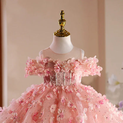 Vestido Infantil de Fiesta Rosa con Flores