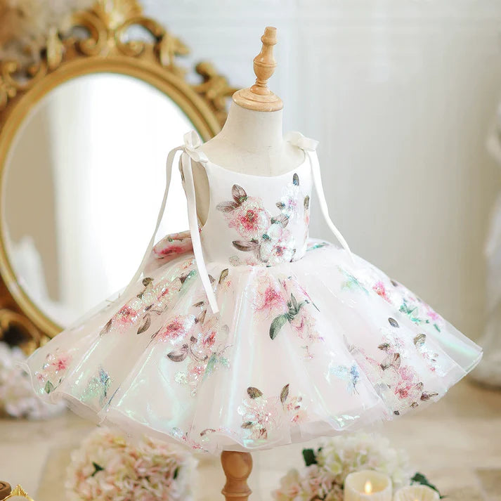 Vestido Infantil de Fiesta con Flores y Tirantes con Lazo