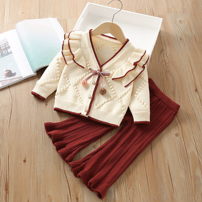 Conjunto de pantalón y pompones de punto para mujer y niño