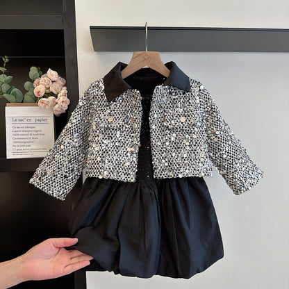 Conjunto de Niña Vestido Con Purpurina + Abrigo Con Lentejuelas